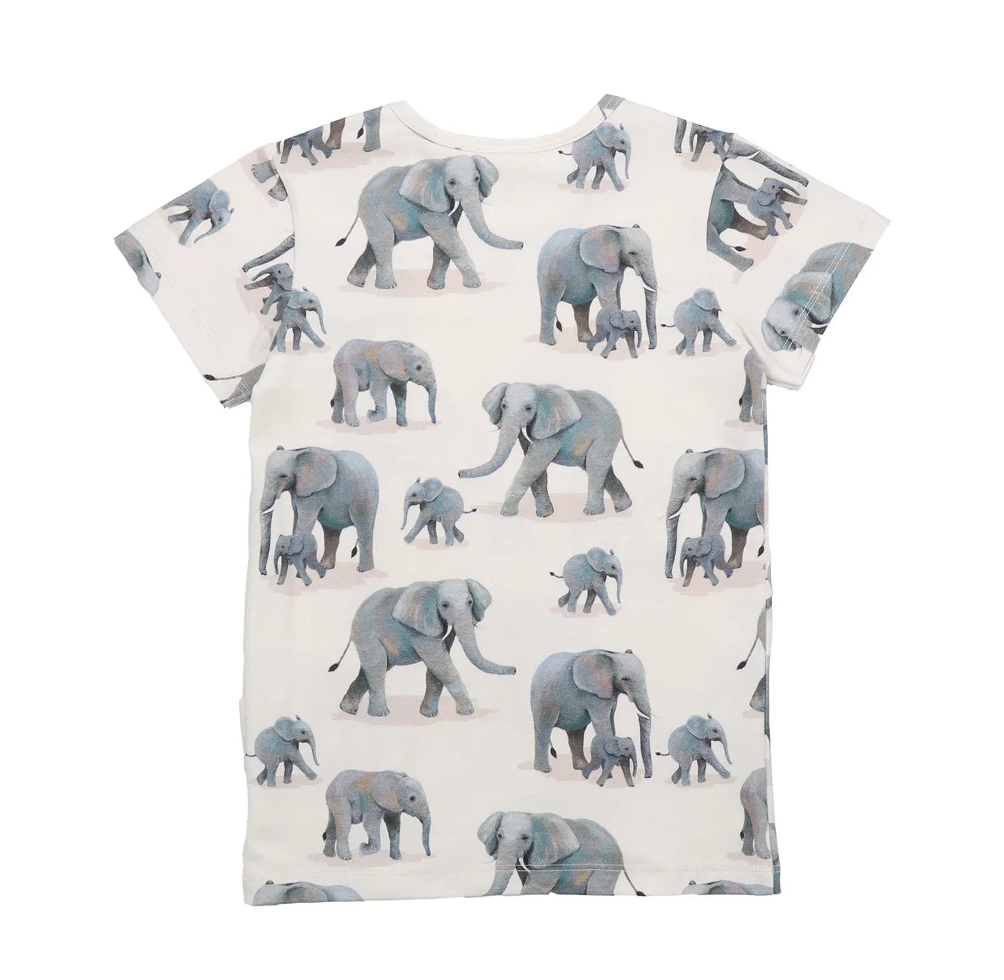 Rückansicht eines weissen Kinder-T-Shirts aus nachhaltiger Bio-Baumwolle mit Elefanten-Muster.