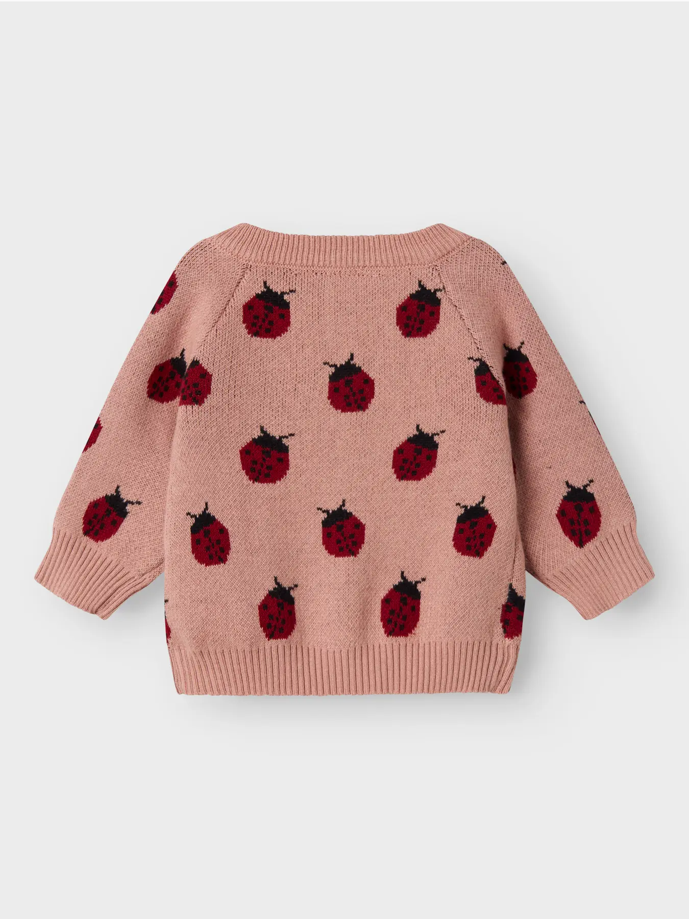 Rückseite der rosa Lil’Atelier Kinder-Strickjacke mit Marienkäfer-Muster, erhältlich bei Bärechind Winterthur, Zürich Schweiz.
