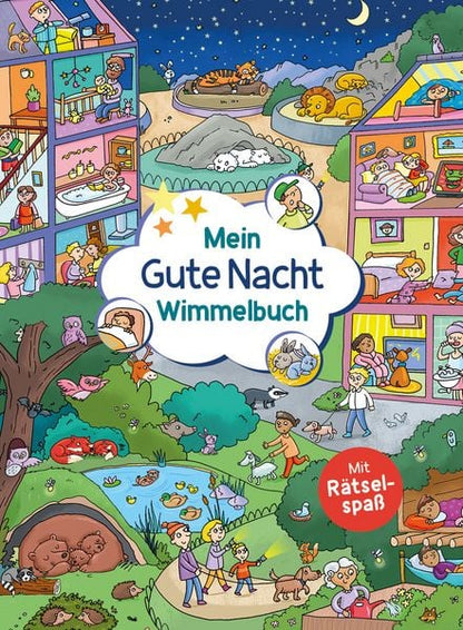 Cover des Bilderbuchs Mein Gute Nacht Wimmelbuch mit bunten Abendritual-Szenen