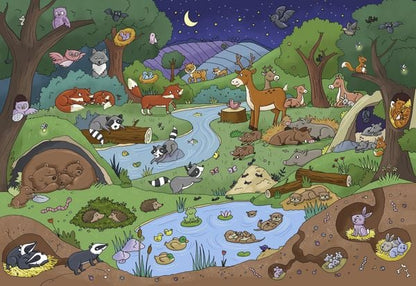Detailreiche Wimmelszene mit Wald und Tieren aus dem Gute Nacht Wimmelbuch