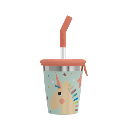 SIGG Kids Röhrli Becher aus Edelstahl 0.35L mit Einhornmotiv und Silikondeckel. Erhältlich im Bärechind Winterthur, Zürich, Schweiz.