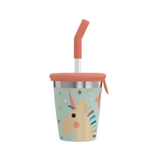 SIGG Kids Röhrli Becher aus Edelstahl 0.35L mit Einhornmotiv und Silikondeckel. Erhältlich im Bärechind Winterthur, Zürich, Schweiz.