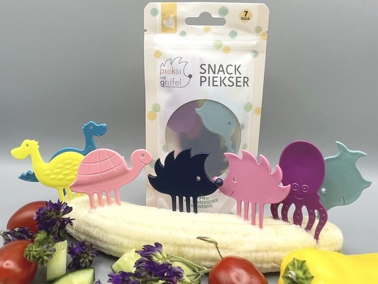 Buntes 7er-Set Snack Pieker Tiere von pieksiundgriffel auf Obst, erhältlich bei Bärechind Winterthur Zürich Schweiz.