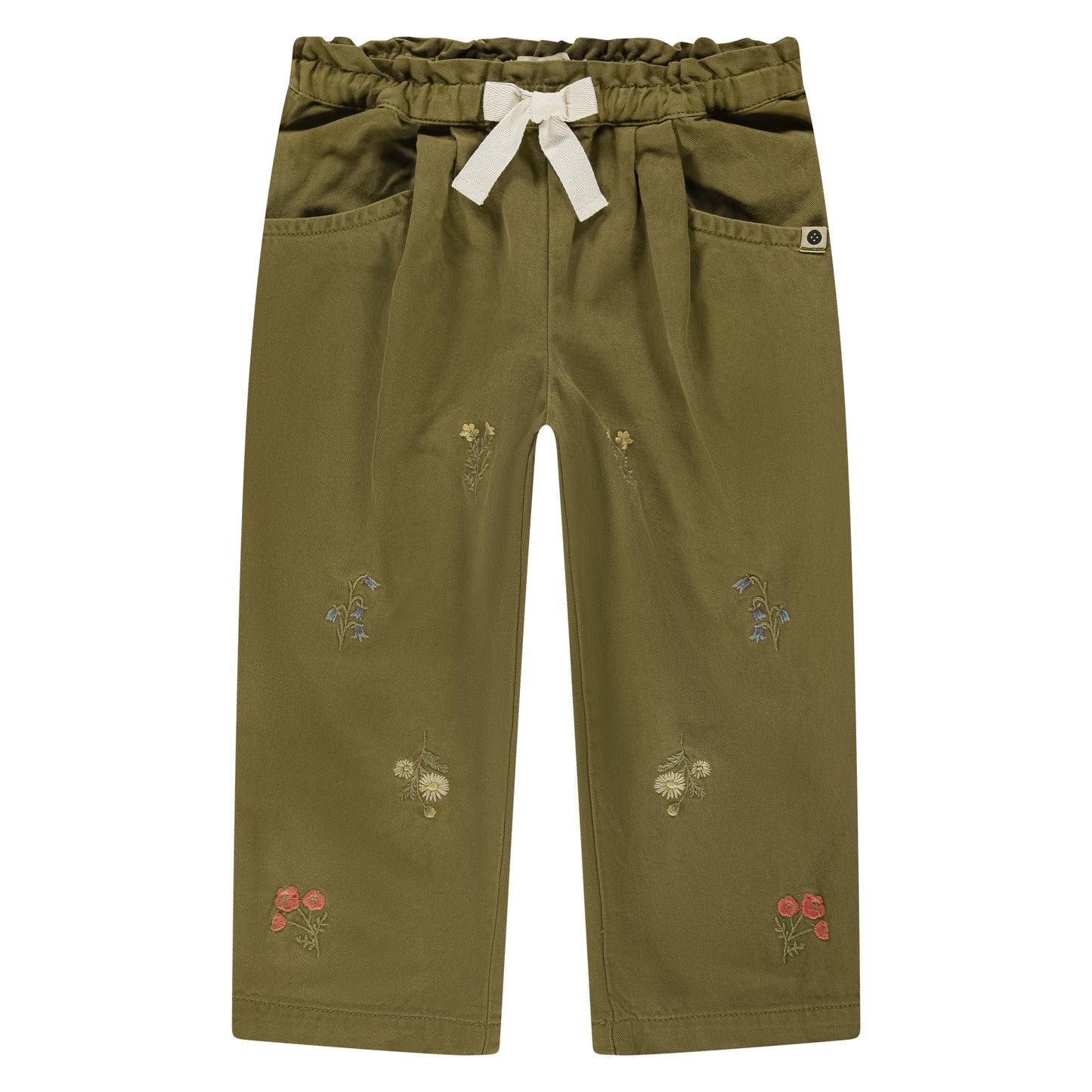 Bestickte Kinderhose von Stains & Stories in Army mit weiter Passform und verstellbarem Bund im Bärechind
