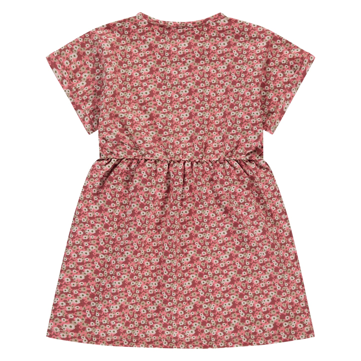 Rückansicht des Kurzarm Kleids von Stains & Stories in Beige mit geraffter Taille im Bärechind