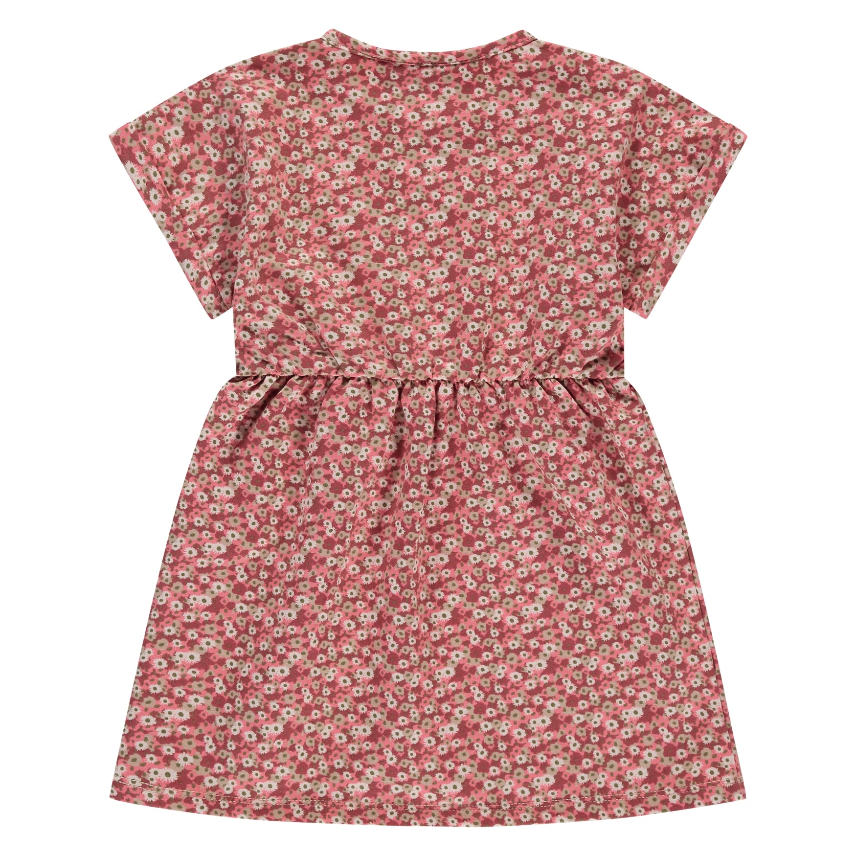 Rückansicht des Kurzarm Kleids von Stains & Stories in Beige mit geraffter Taille im Bärechind