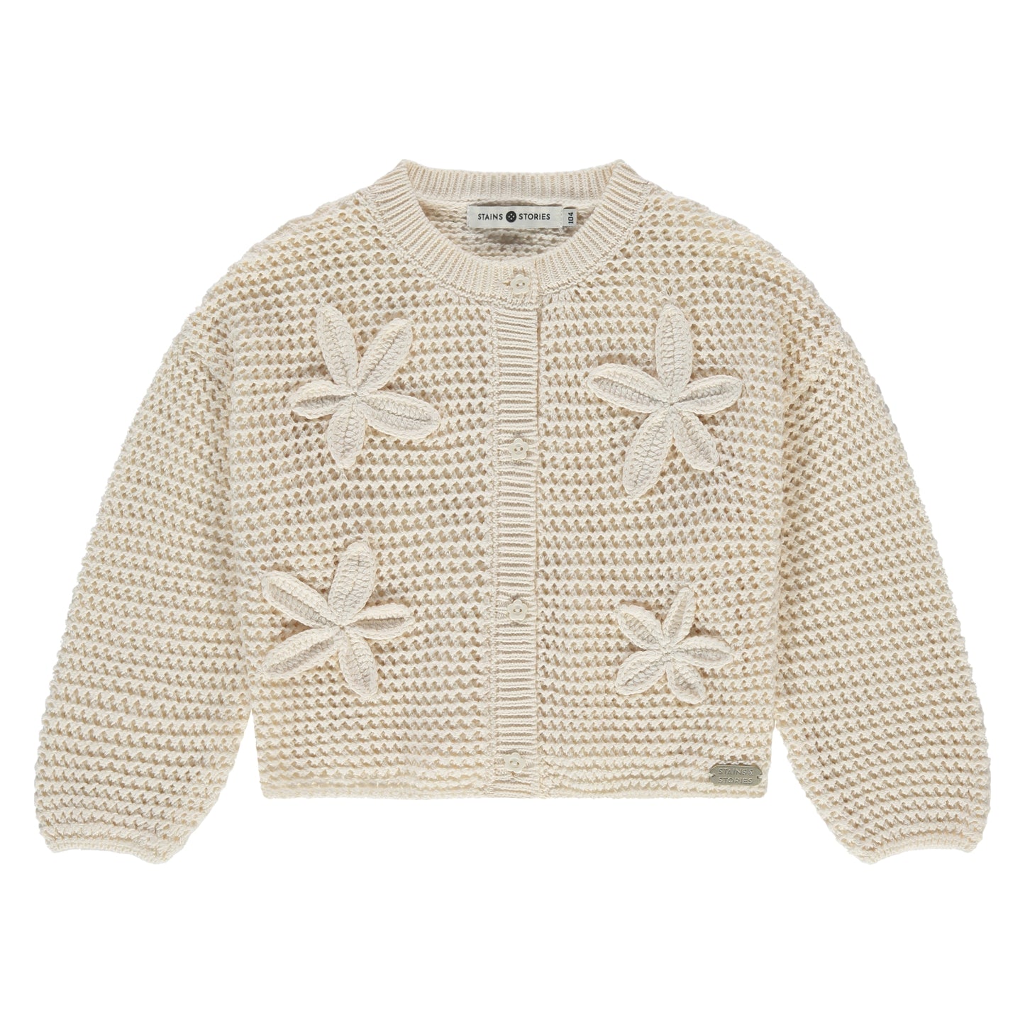 Strickcardigan von Stains & Stories in Ivory mit Blumenapplikationen für Kinder im Bärechind