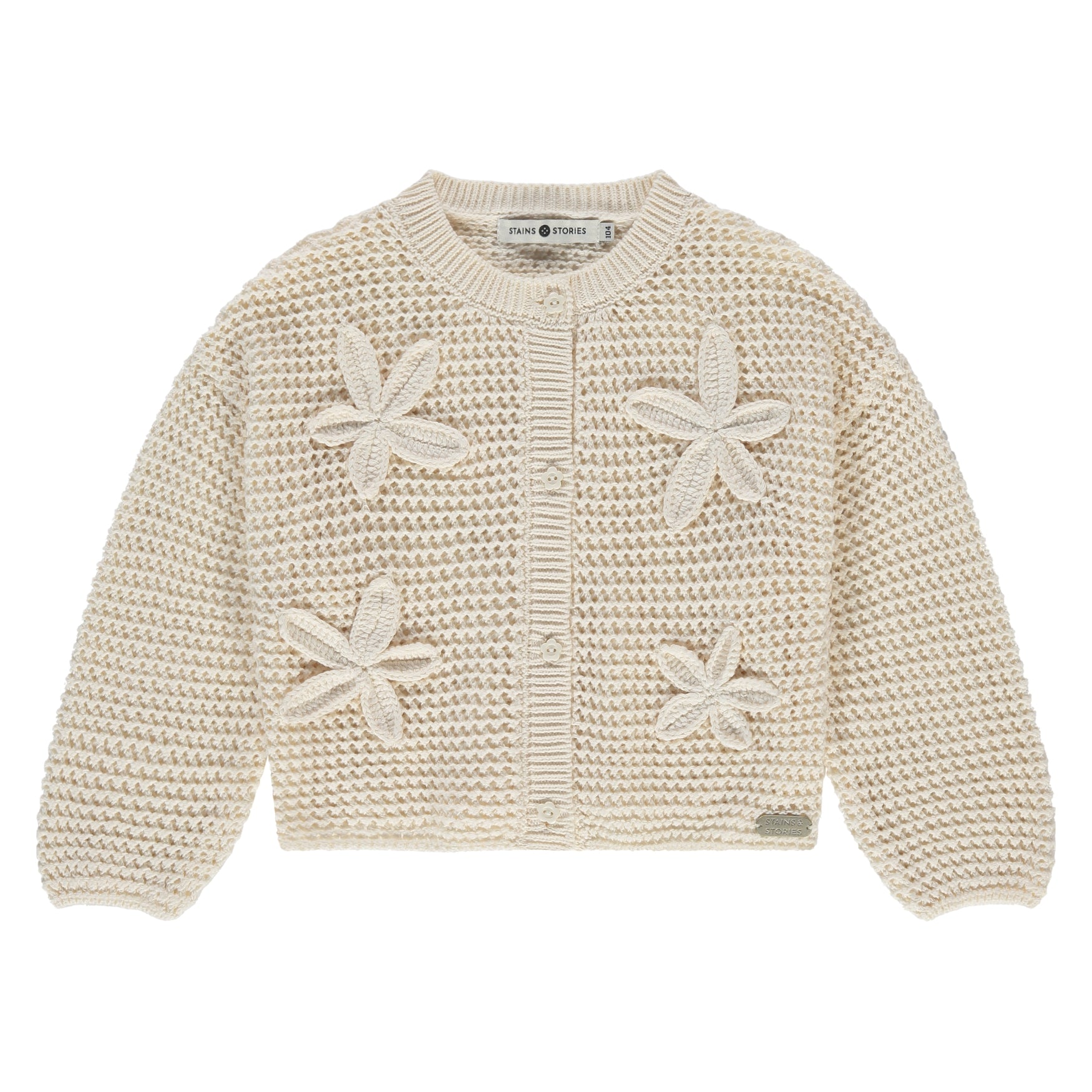 Strickcardigan von Stains & Stories in Ivory mit Blumenapplikationen für Kinder im Bärechind