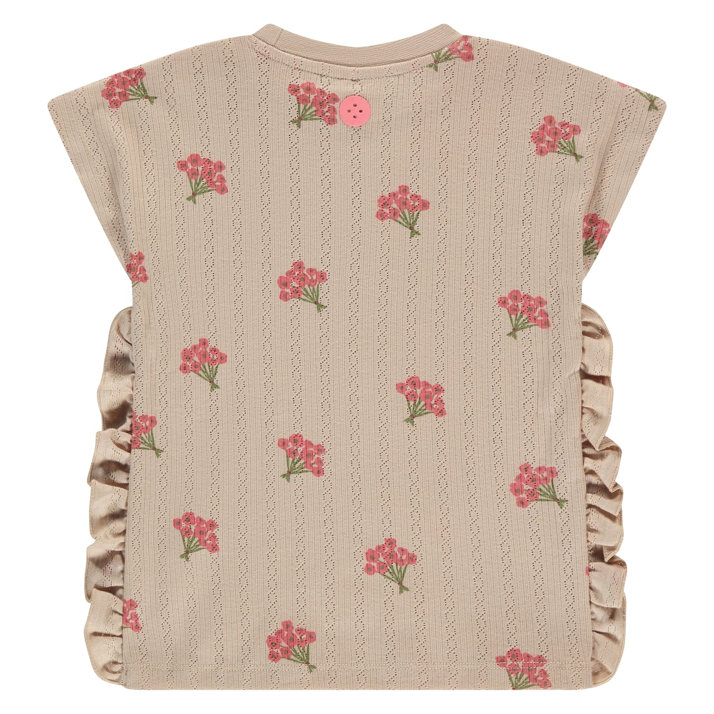 Rückansicht des Kurzarm T-Shirts von Stains & Stories in Beige mit lockerem Schnitt und Blumenprint im Bärechind