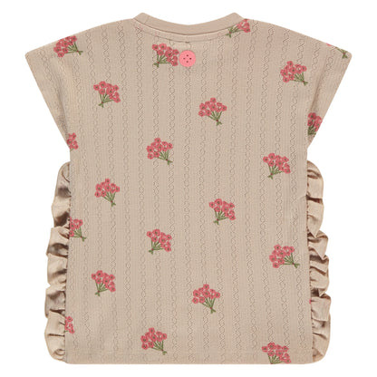 Rückansicht des Kurzarm T-Shirts von Stains & Stories in Beige mit lockerem Schnitt und Blumenprint im Bärechind