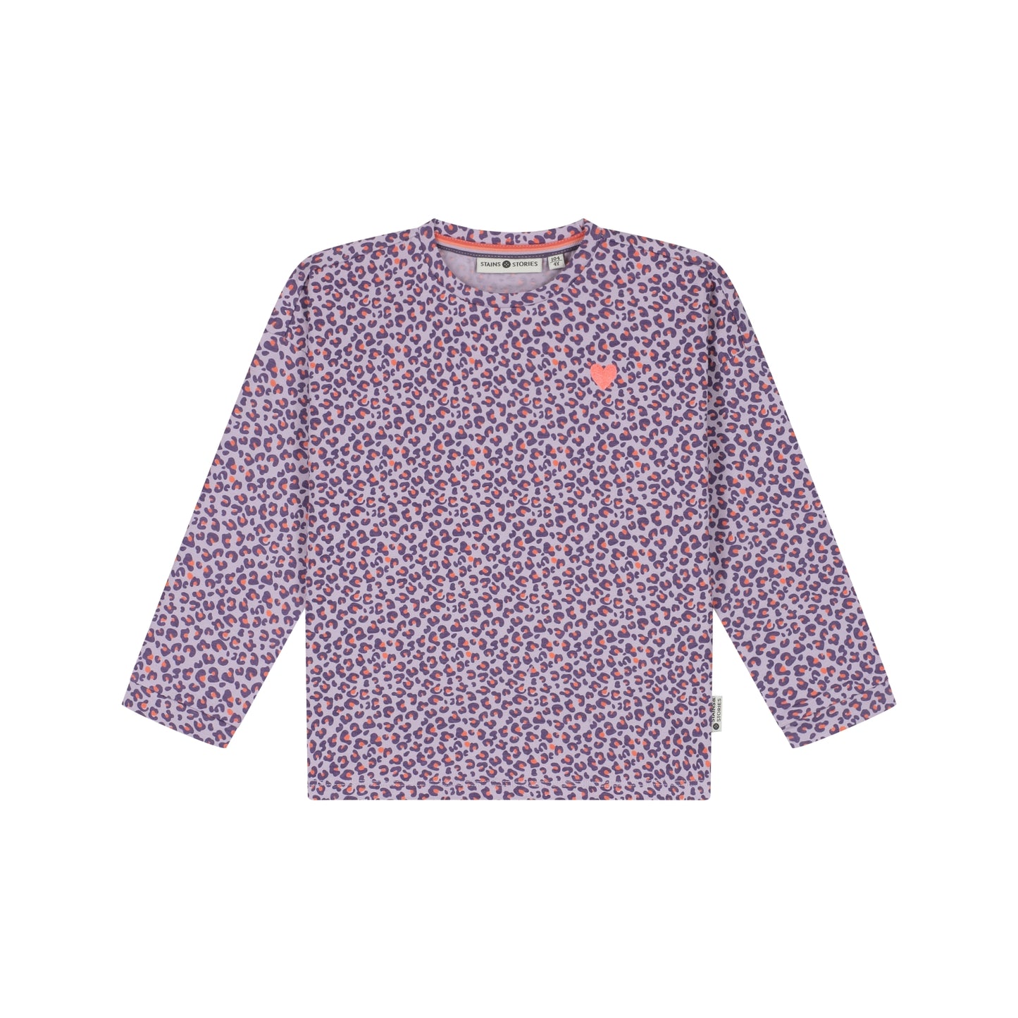 Langarmshirt mit Leomuster in Lila und Herz-Detail, Vorderansicht