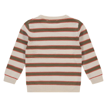 Rückansicht des gestreiften Jungenpullovers "Off White" von Stains & Stories mit Rundhalsausschnitt und Rippbündchen.