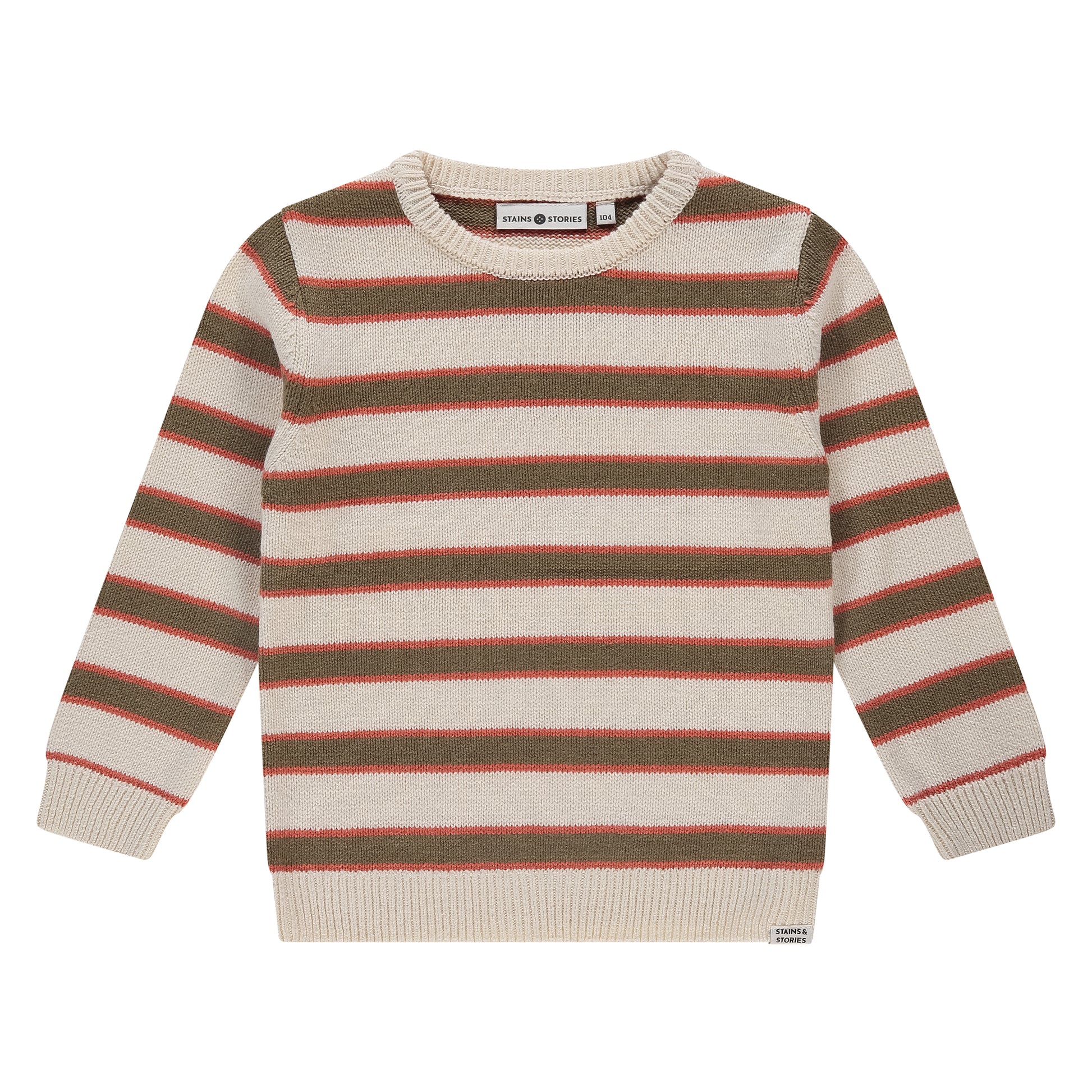 Vorderansicht des gestreiften Jungenpullovers "Off White" von Stains & Stories in Off-White und Braun.