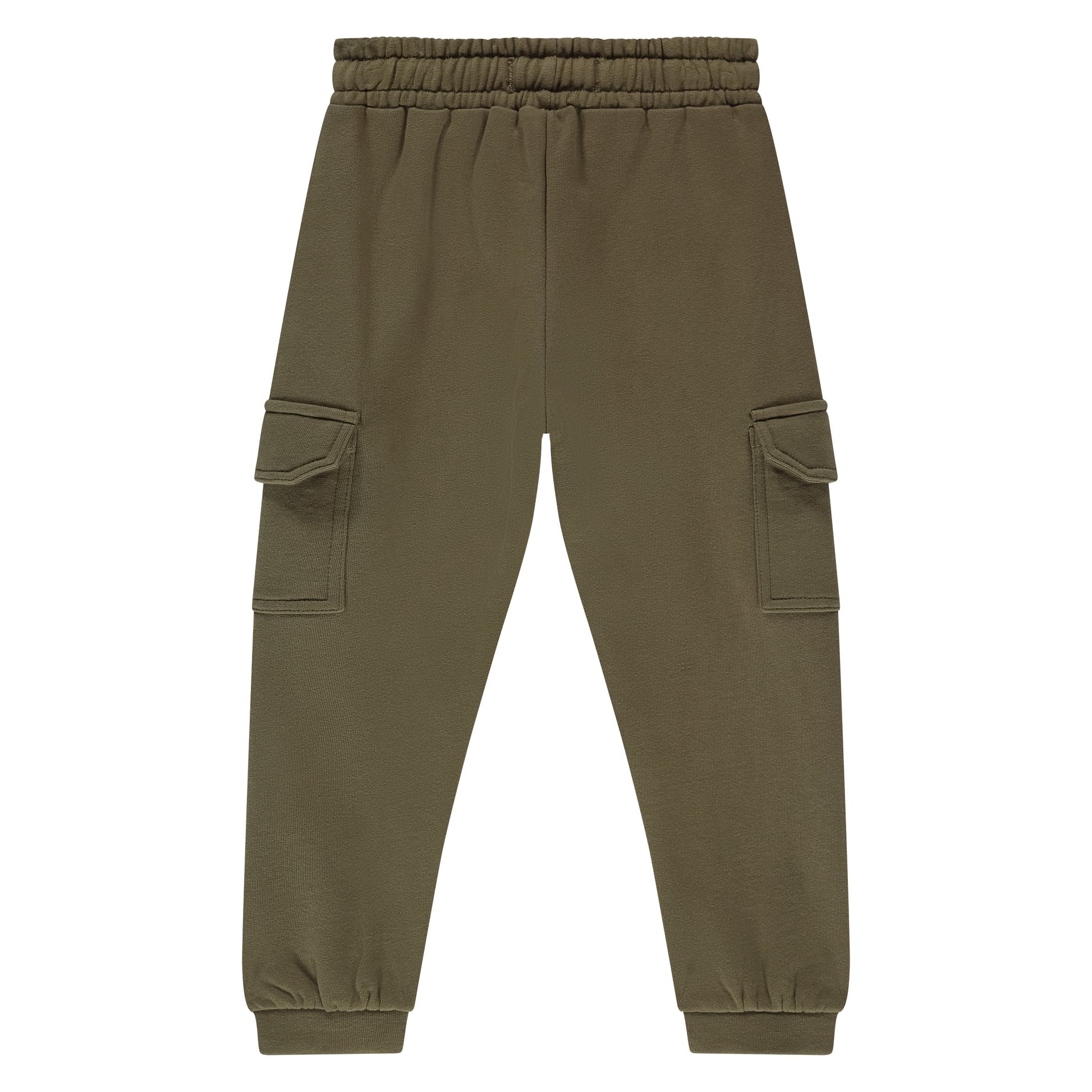 Rückansicht der Sweatpants "Army" von Stains & Stories in Olivgrün mit elastischem Beinabschluss.