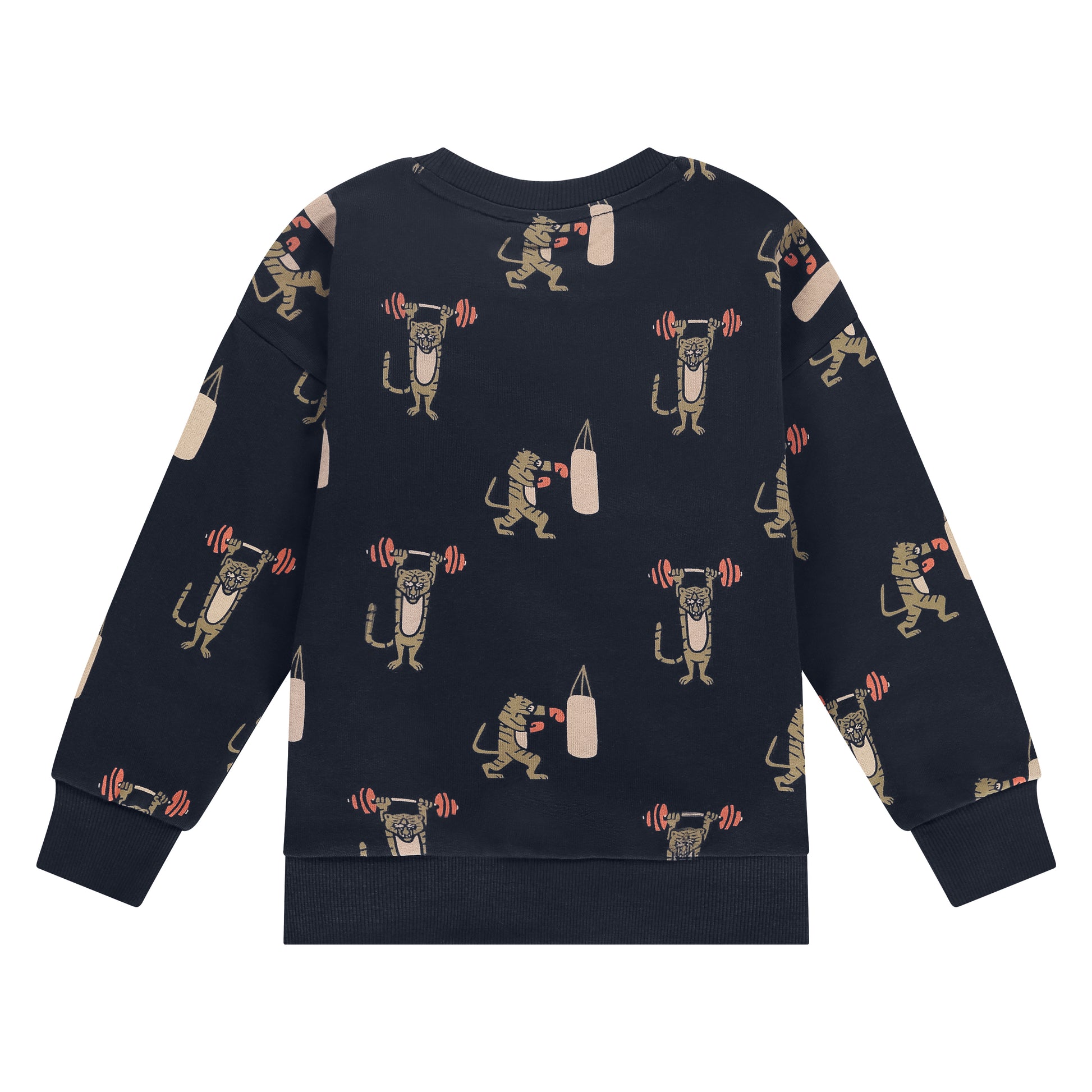 Rückansicht des Jungen-Sweatshirts "Tiger" von Stains & Stories mit Allover-Fitness-Motiven