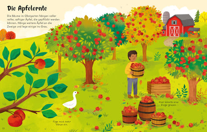 Bärechind Stickerbuch „Bunter Herbst“ Innenseite Apfelernte im Obstgarten mit Platz für Sticker, erhältlich in Winterthur, Zürich Schweiz.