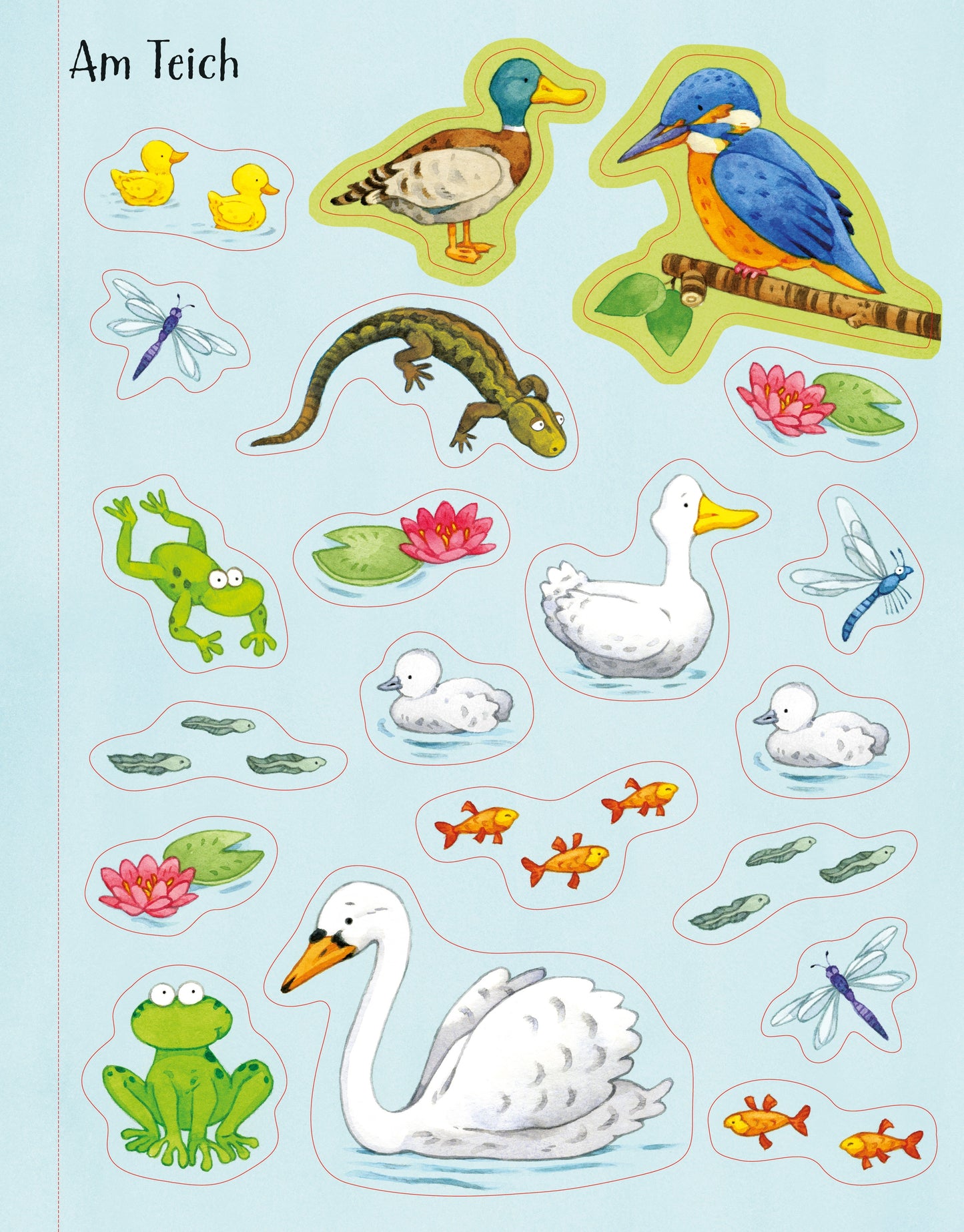 Bärechind Stickerbuch „Natur“ Innenseite am Teich mit Kindern und Platz für Sticker, erhältlich in Winterthur, Zürich Schweiz.