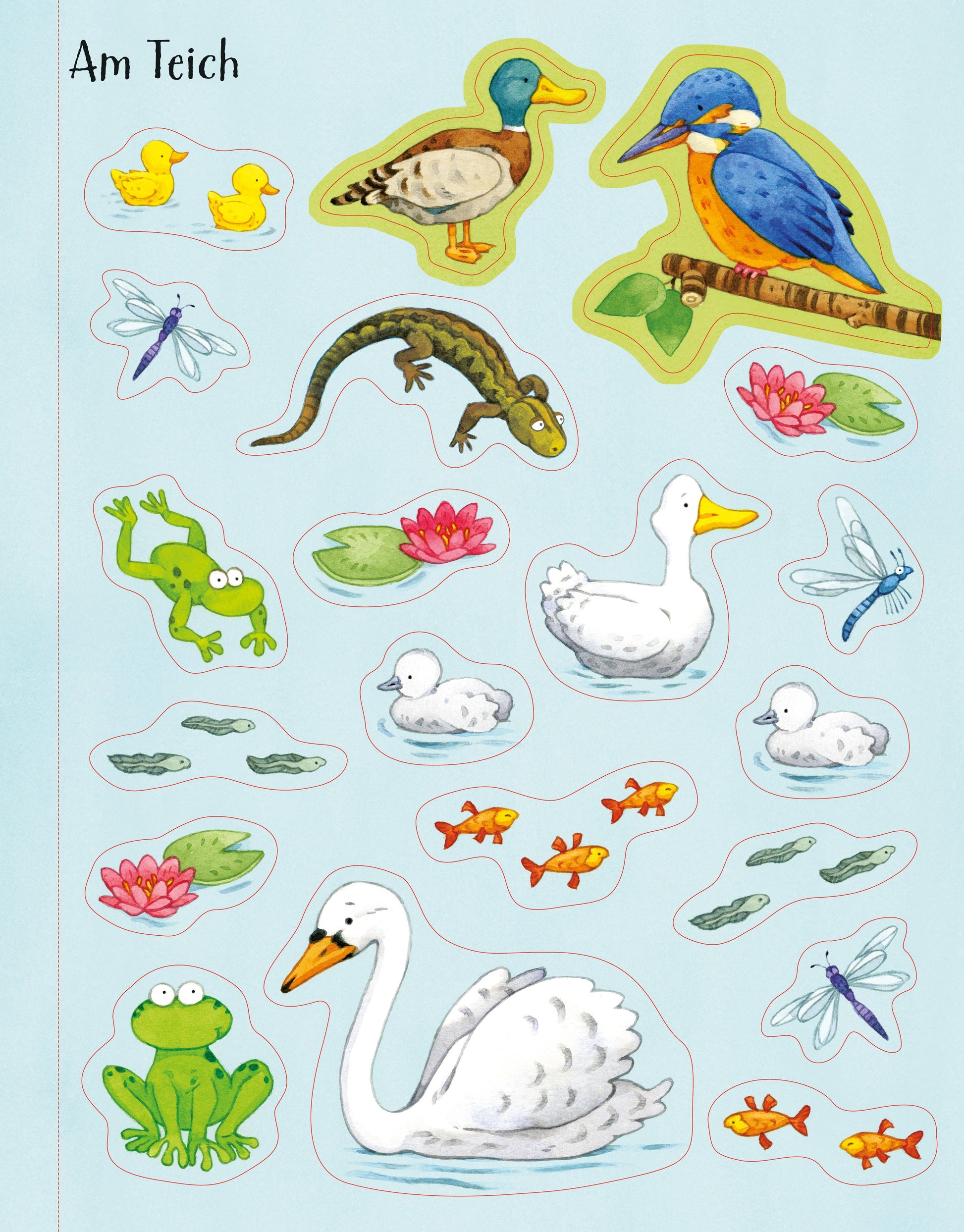 Bärechind Stickerbuch „Natur“ Innenseite am Teich mit Kindern und Platz für Sticker, erhältlich in Winterthur, Zürich Schweiz.