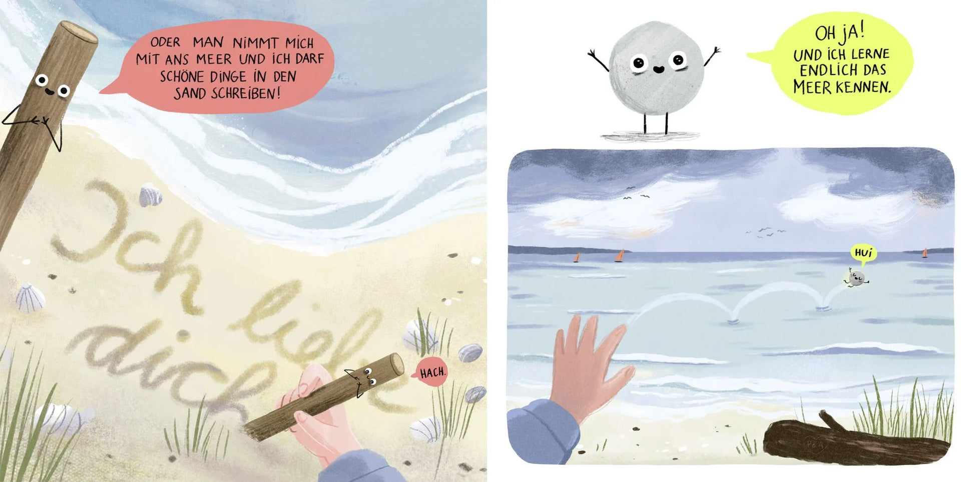 Illustrierte Doppelseite aus Stock und Stein: die beiden Freunde träumen sich gemeinsam bis ans Meer