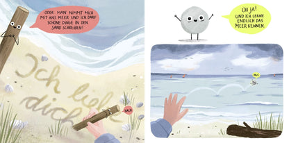 Illustrierte Doppelseite aus Stock und Stein: die beiden Freunde träumen sich gemeinsam bis ans Meer