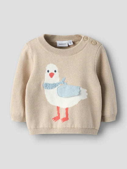 Baby Strickpullover aus Baumwolle mit Möwen Motiv in beige, erhältlich bei Bärechind Winterthur Zürich Schweiz.