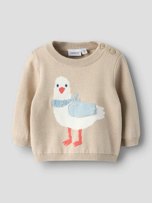 Baby Strickpullover aus Baumwolle mit Möwen Motiv in beige, erhältlich bei Bärechind Winterthur Zürich Schweiz.
