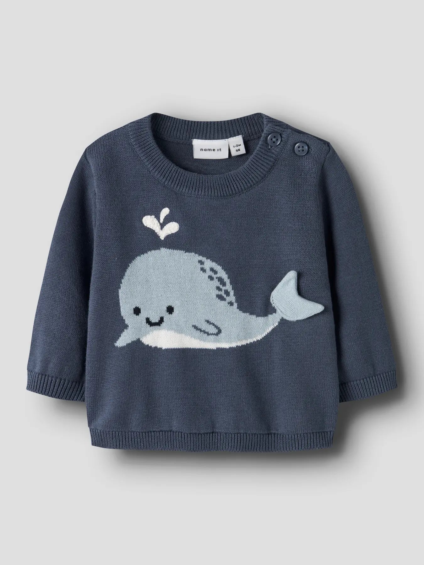 Baby Strickpullover aus Baumwolle mit Wal Motiv in indigo, erhältlich bei Bärechind Winterthur Zürich Schweiz.