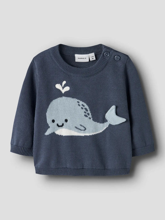 Baby Strickpullover aus Baumwolle mit Wal Motiv in indigo, erhältlich bei Bärechind Winterthur Zürich Schweiz.