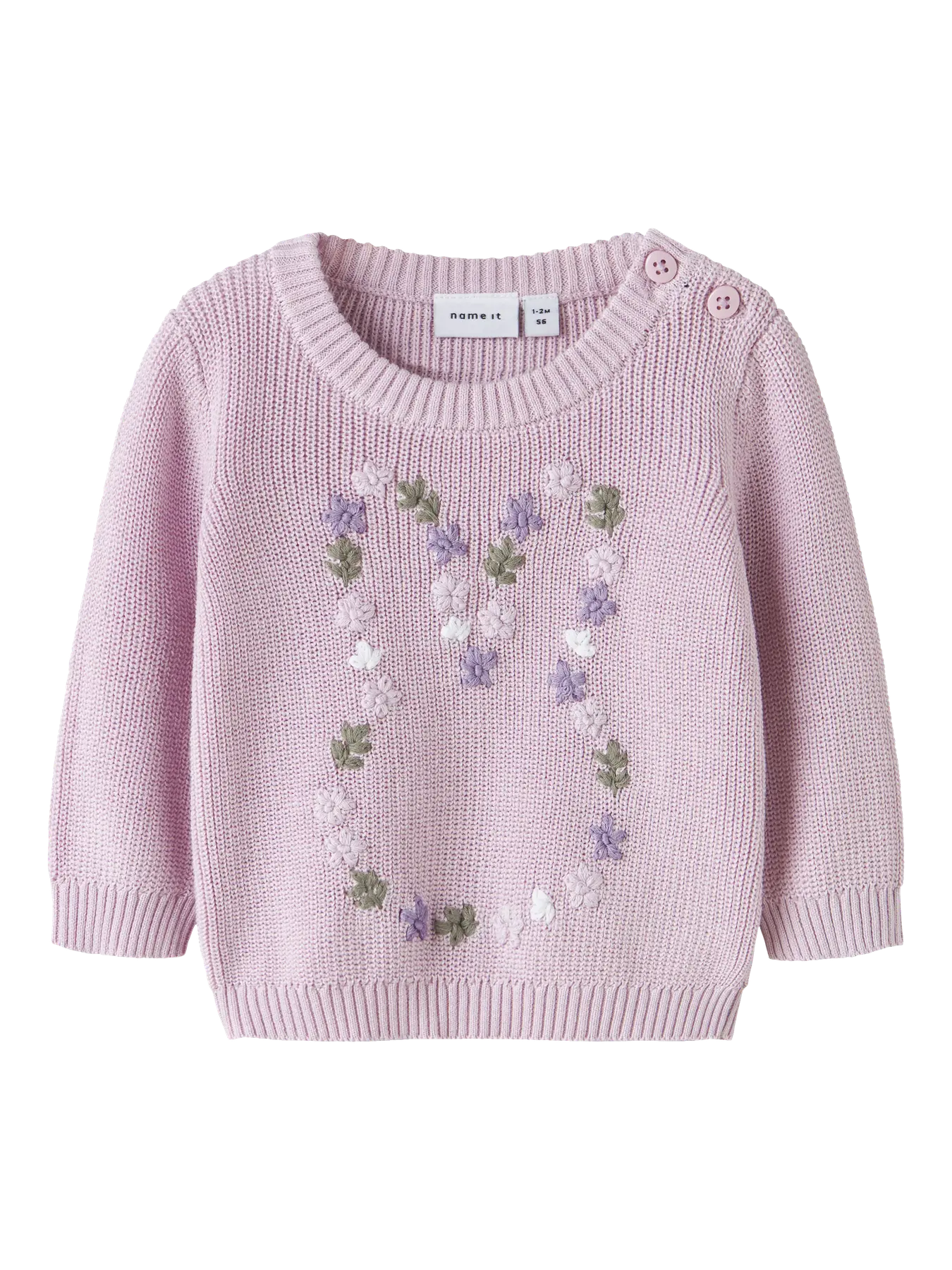 Lavendelfarbener Strickpullover mit Stickerei von NAME IT, erhältlich bei Bärechind in Winterthur, Zürich, Schweiz.