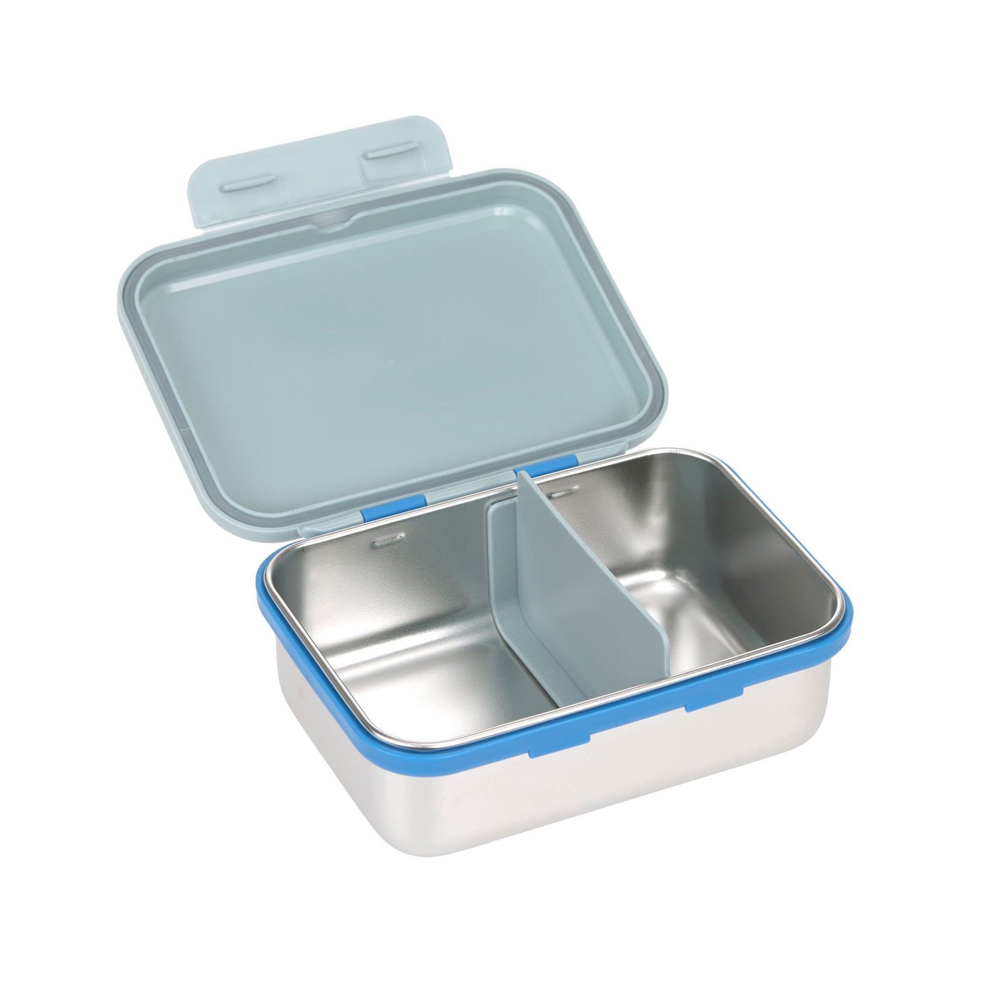 Geöffnete SunnyExplorer Lunchbox in Blau mit Edelstahl-Einsatz und Silikondichtung – Bärechind Winterthur