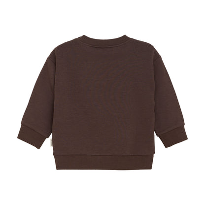 Rückenansicht vom braunen Kinder Sweatshirt mit appliziertem Fuchs-Motiv, aus Bambus und Baumwolle – erhältlich bei Bärechind Winterthur
