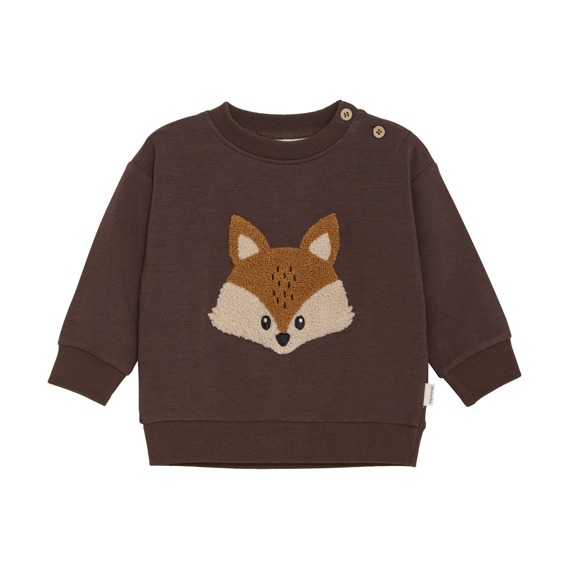 Braunes Kinder Sweatshirt mit appliziertem Fuchs-Motiv auf der Vorderseite, aus Bambus und Baumwolle – erhältlich bei Bärechind Winterthur