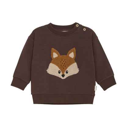 Braunes Kinder Sweatshirt mit appliziertem Fuchs-Motiv auf der Vorderseite, aus Bambus und Baumwolle – erhältlich bei Bärechind Winterthur