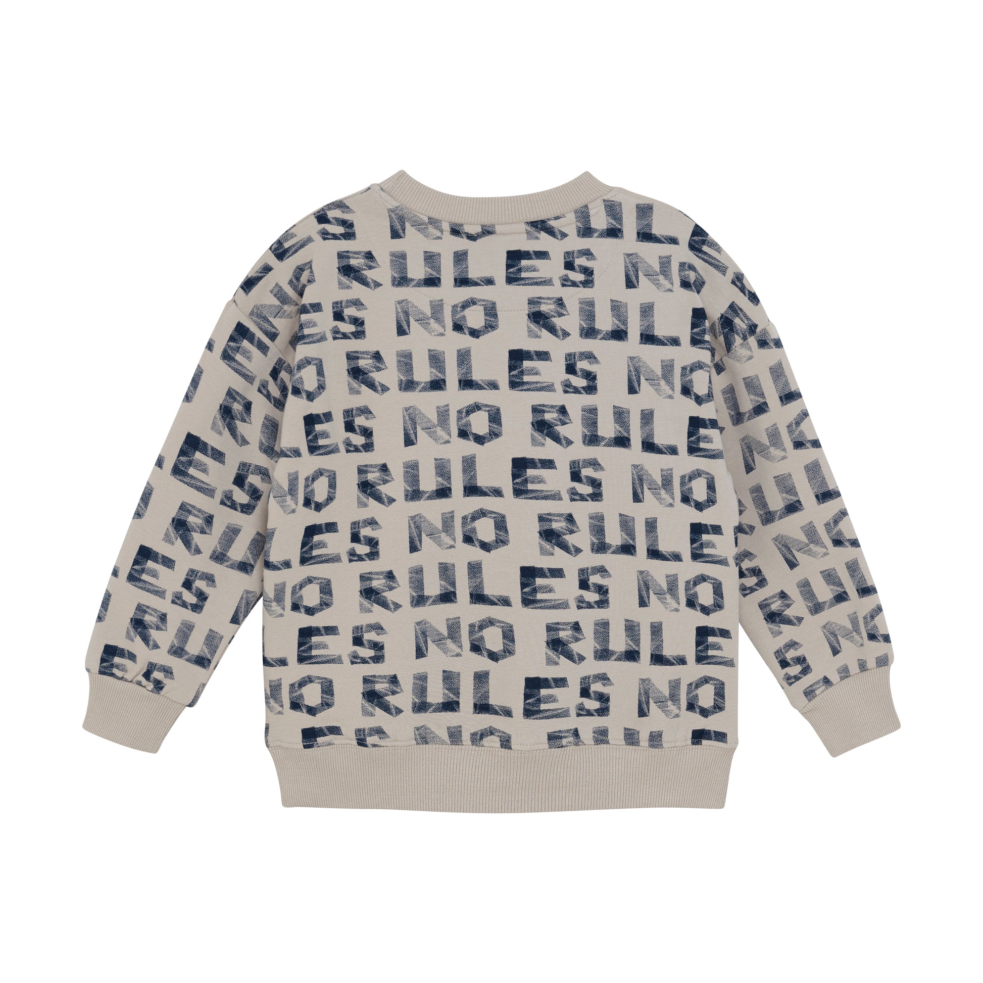 Rückansicht des MINYMO Sweatshirts mit NO RULES Print – Bärechind Winterthur, Zürich, Schweiz.

