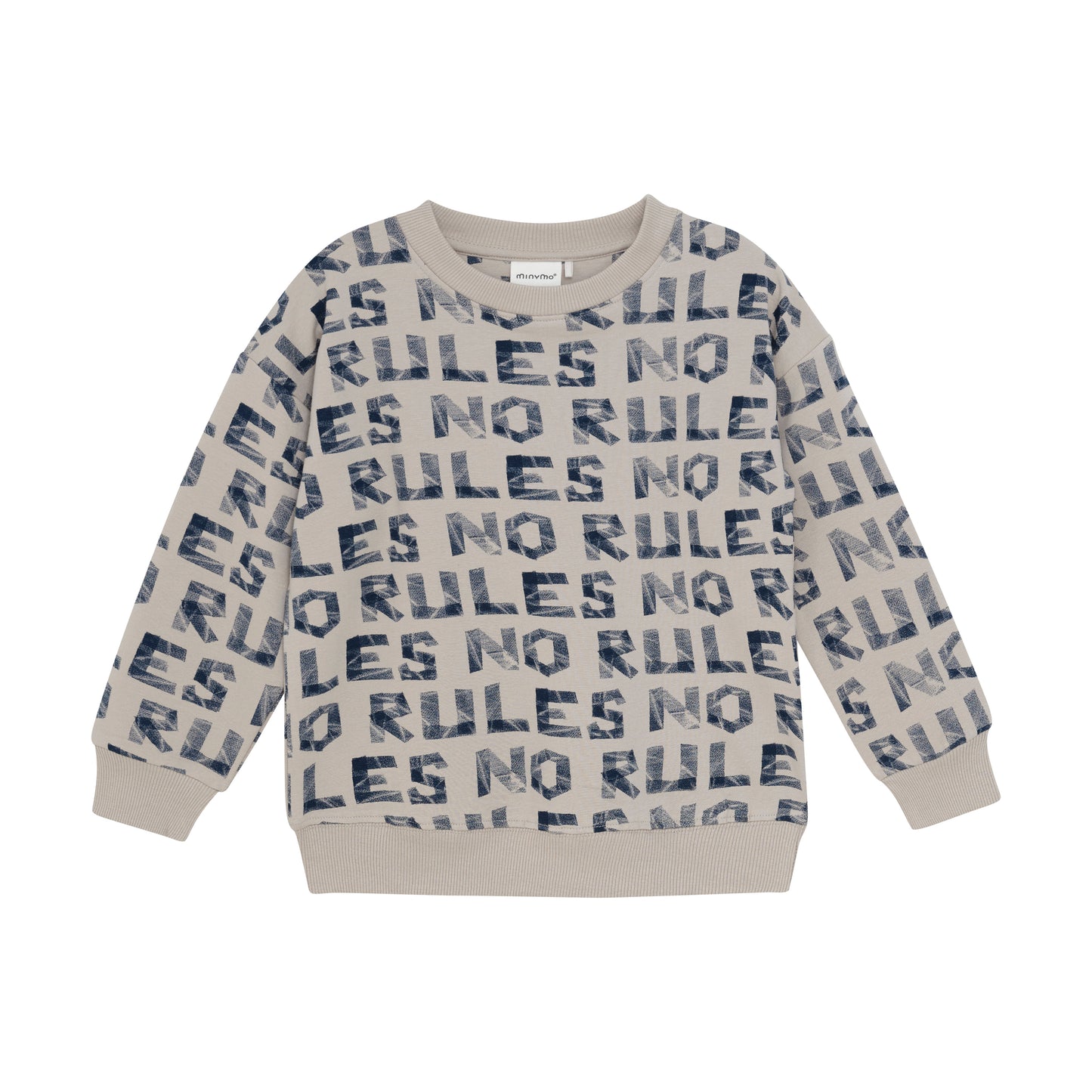 Beige MINYMO Sweatshirt mit blauem NO RULES Print – Vorderseite, erhältlich bei Bärechind in Winterthur, Zürich, Schweiz.