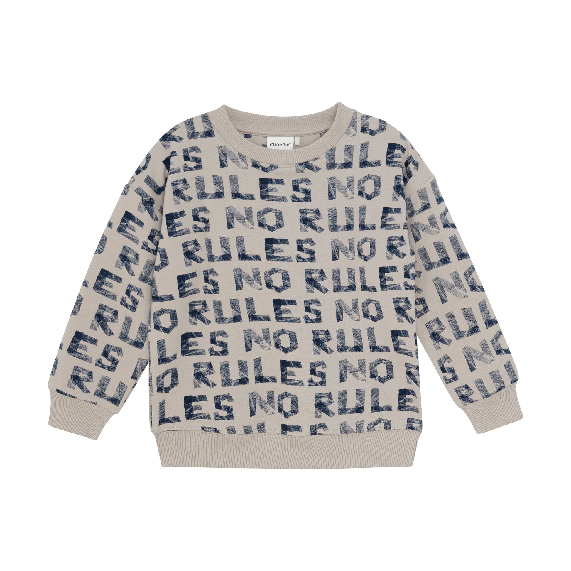 Beige MINYMO Sweatshirt mit blauem NO RULES Print – Vorderseite, erhältlich bei Bärechind in Winterthur, Zürich, Schweiz.