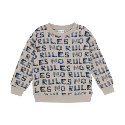 Beige MINYMO Sweatshirt mit blauem NO RULES Print – Vorderseite, erhältlich bei Bärechind in Winterthur, Zürich, Schweiz.