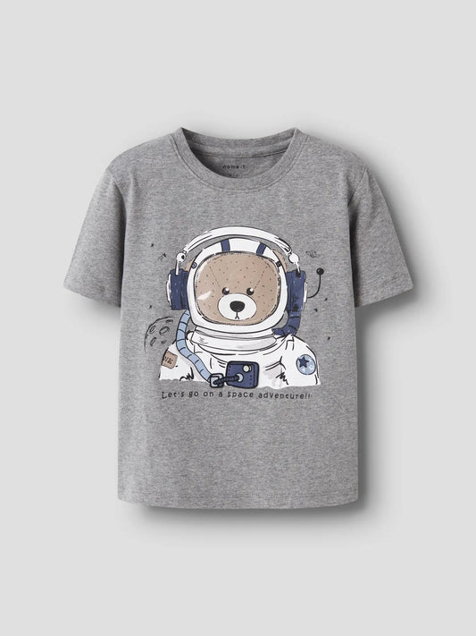 Graues T-Shirt mit Teddy-Astronaut-Print für Kinder von name it im Bärechind Winterthur Zürich Schweiz