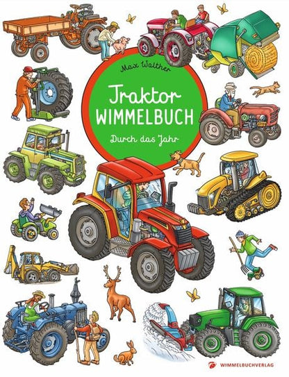 Cover des Traktor Wimmelbuchs mit bunten Traktoren und Tieren