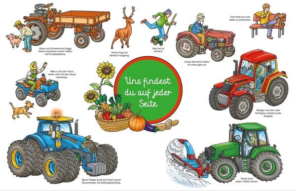 Wimmelseite zum Suchen und Entdecken, Traktoren bei der Herbsternte auf dem Bauernhof