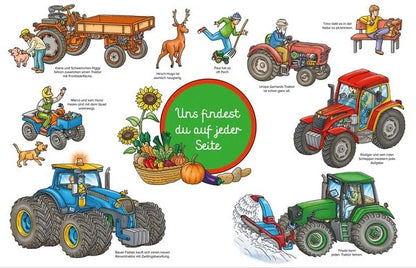 Wimmelseite zum Suchen und Entdecken, Traktoren bei der Herbsternte auf dem Bauernhof