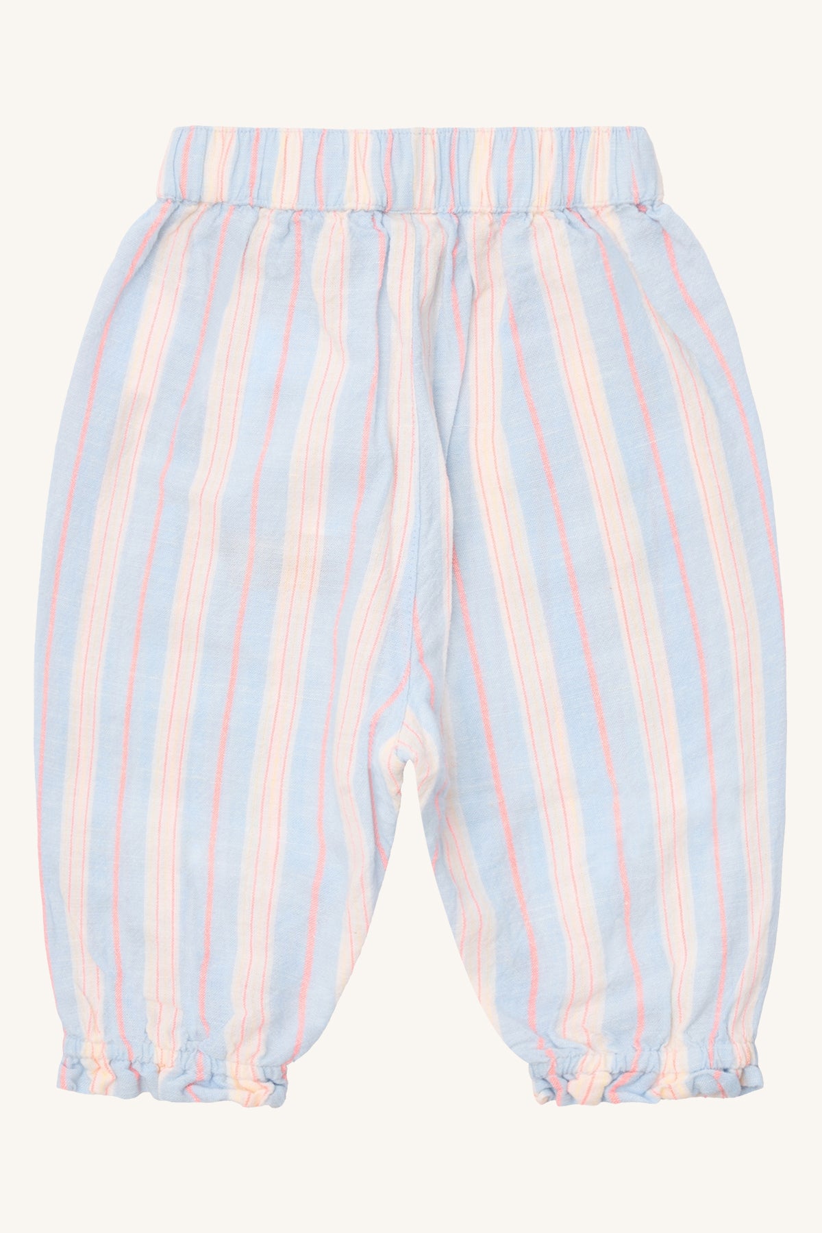 Kinderhose mit Streifenmuster in Pastellfarben, Vorderansicht – Leinen-Baumwoll-Mix, erhältlich bei Bärechind in Winterthur, Zürich, Schweiz.