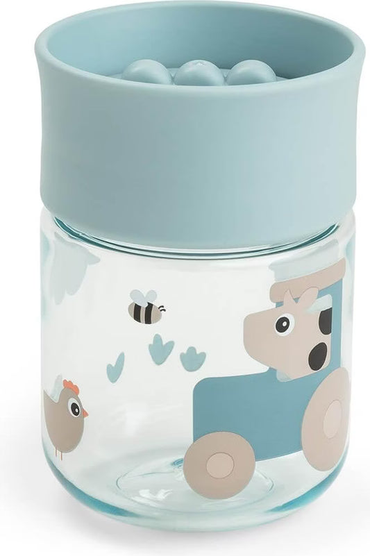 Done by Deer Trinklernbecher 360° in Tiny Farm Blau mit Bauernhof Print, auslaufsicherer Trinklernbecher für Kinder