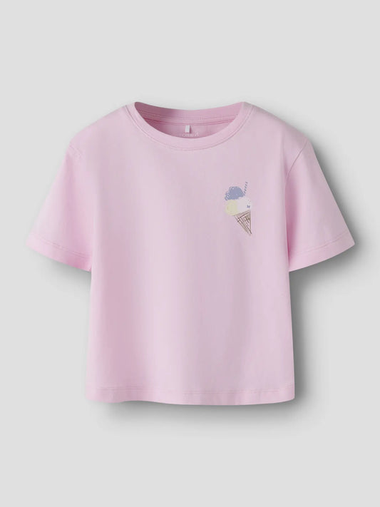 Rosa Kinder T-Shirt aus Baumwolle mit Eis Print vorne, erhältlich bei Bärechind Winterthur Zürich Schweiz.