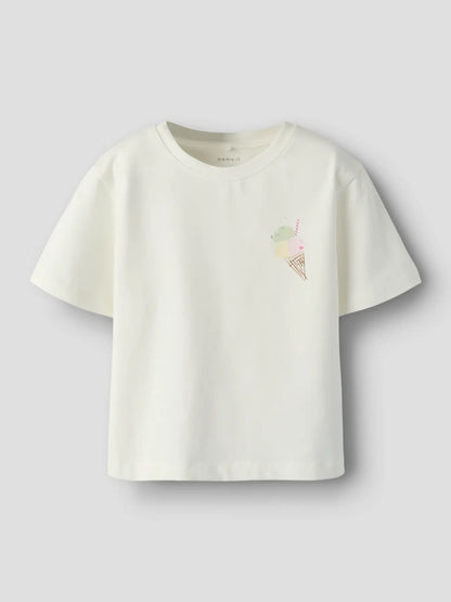 Cremeweisses Kinder T-Shirt aus Baumwolle mit Eis Motiv vorne, erhältlich bei Bärechind Winterthur Zürich Schweiz.