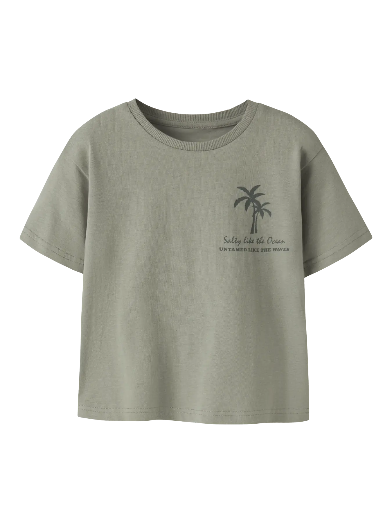 Salbeifarbenes Kinder T-Shirt aus Baumwolle mit Palmenprint, erhältlich im Bärechind Kinderladen Winterthur Zürich Schweiz