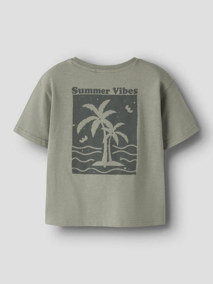 Kinder T-Shirt Baumwolle salbei mit Palmenmotiv Rückseite im Bärechind Winterthur Zürich Schweiz kaufen