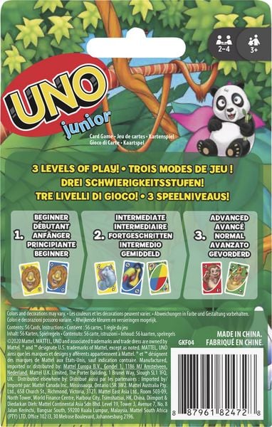 Rückseite der UNO Junior Verpackung mit Spielinfos und Altersangabe ab 3 Jahren