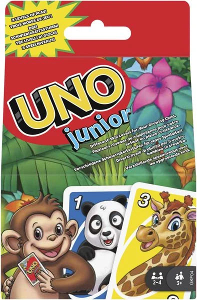 UNO Junior Verpackung mit Affe, Panda und Giraffe Spielkarten im Dschungel Design