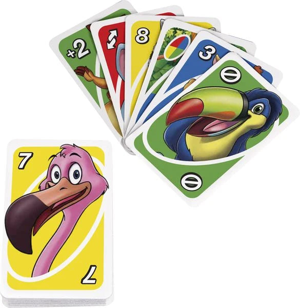 Bunte UNO Junior Spielkarten mit Flamingo und Tukan Illustrationen und Zahlen